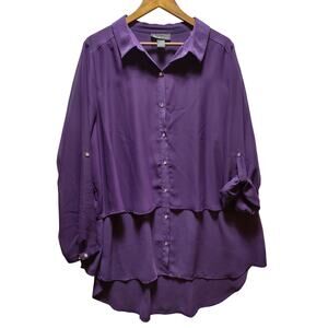 Lane Bryant Purple Layered Button Front Tunic Top 22/24 Roll Tab Sleeves Hi Low